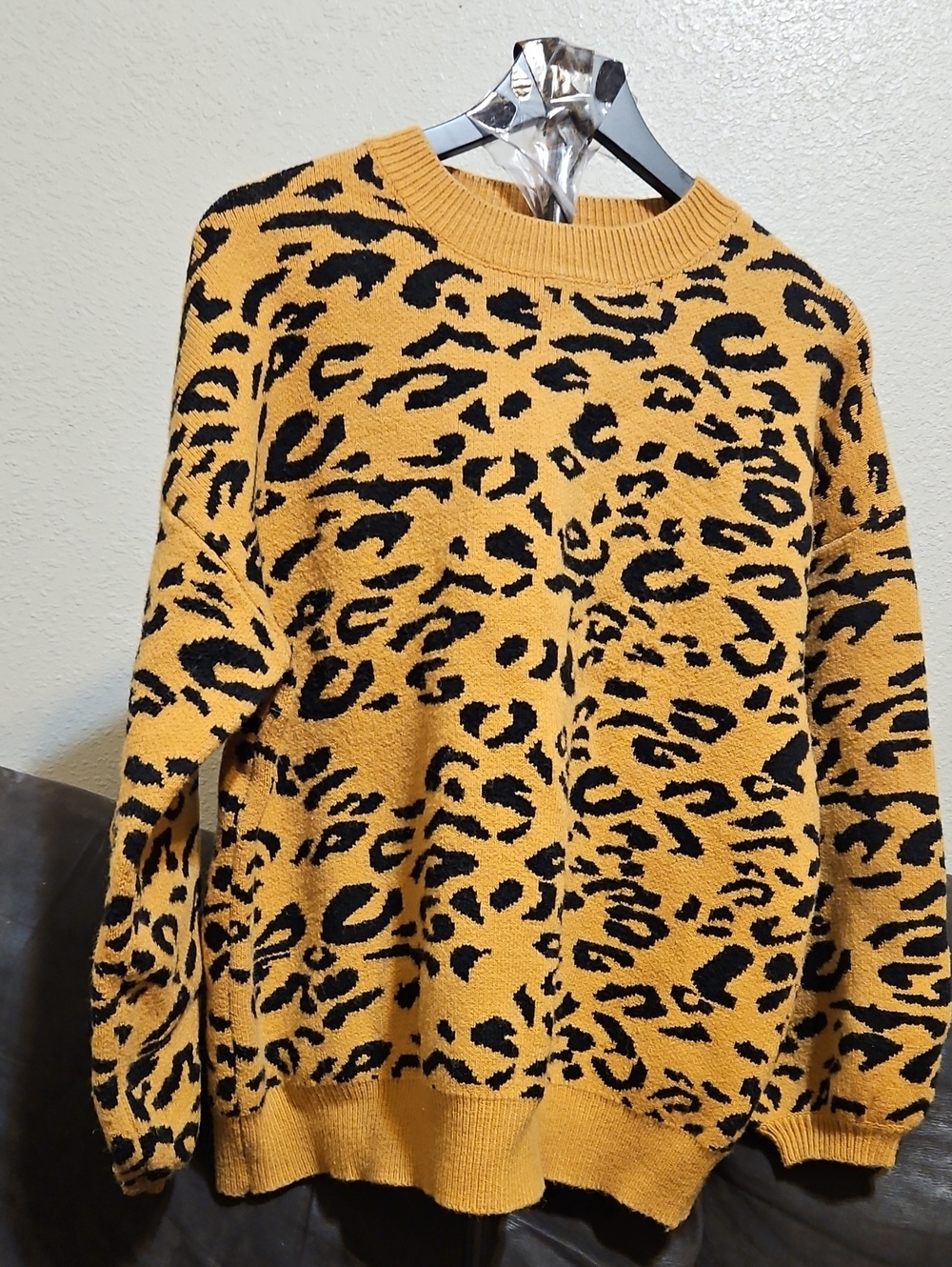entro Mustard Yellow and Black Leopard Print Crewneck Sweater